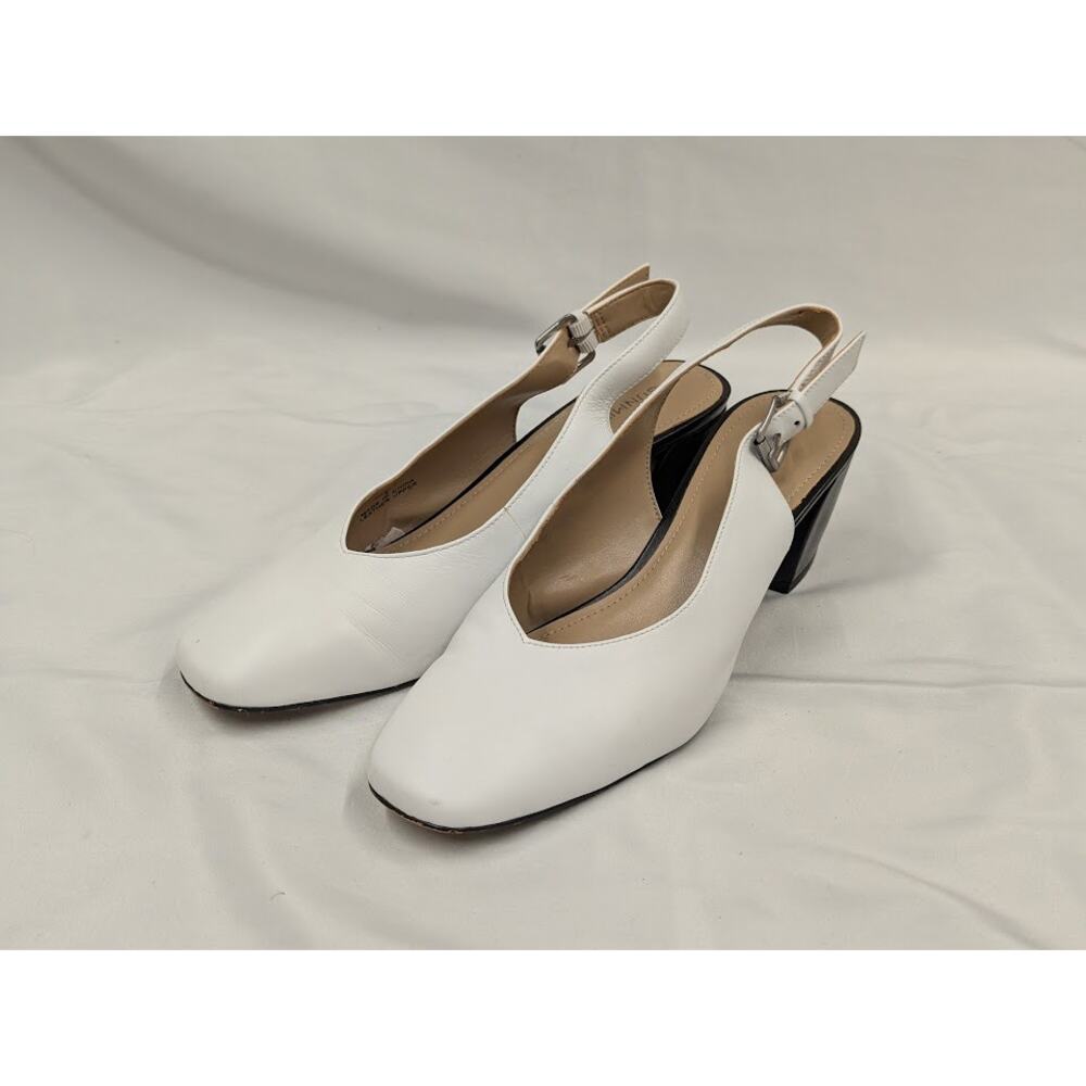 Gunmetal White Leather Slingback block heel pumps Business Work Womens Sz 9